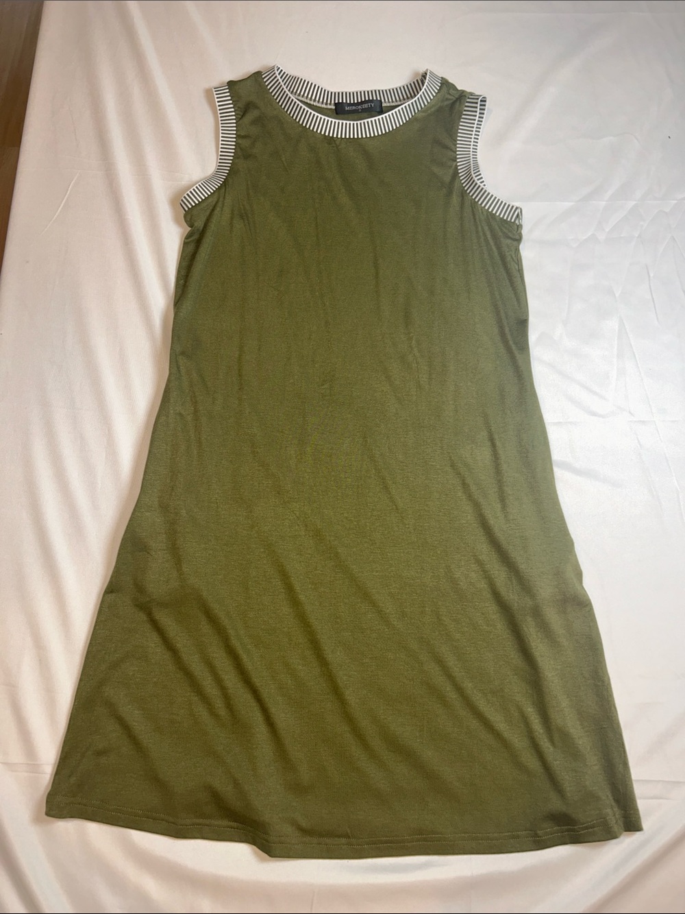 Olive Green Sleeveless A-Line Dress with Striped Trim